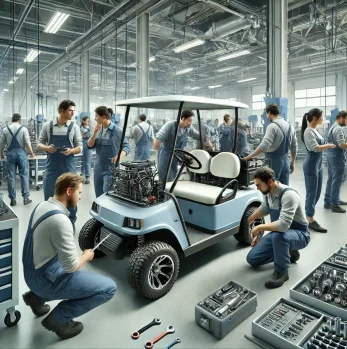 DALL·E 2024-06-25 23.27.54 - A hyper-realistic image of a team of mechanics working on a golf cart in a modern, well-equipped workshop. The team is diverse, including people of di