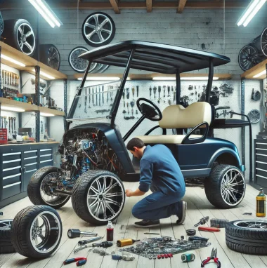 DALL·E 2024-06-26 00.10.31 - A scene showing custom modifications being made to a golf cart. The golf cart is in a garage with a mechanic installing new parts like custom wheels a